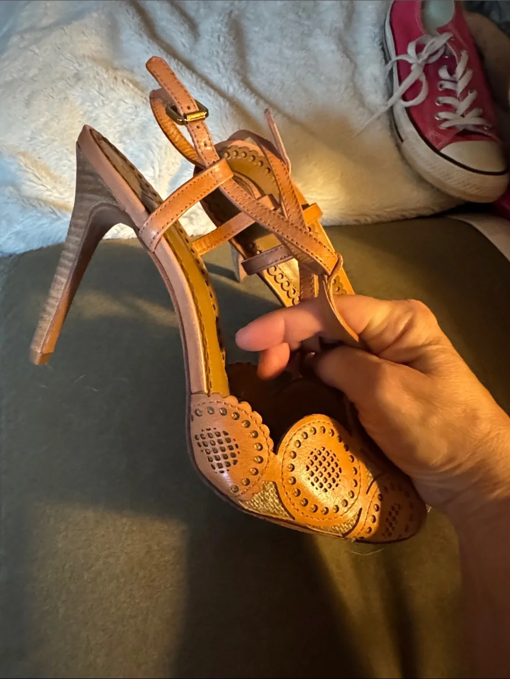 Tory Burch Tan Laser-Cut T-Strap Heels